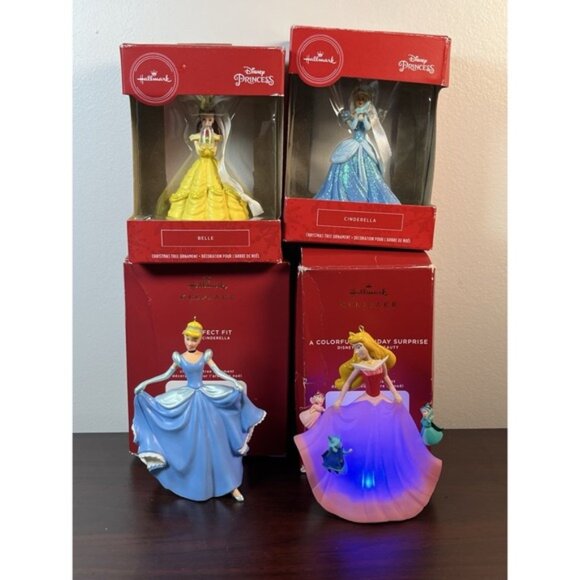 Other - Set Of 4 Hallmark 2020 2 Cinderella & 2 Belle Disney Princess Ornaments LIKE NEW